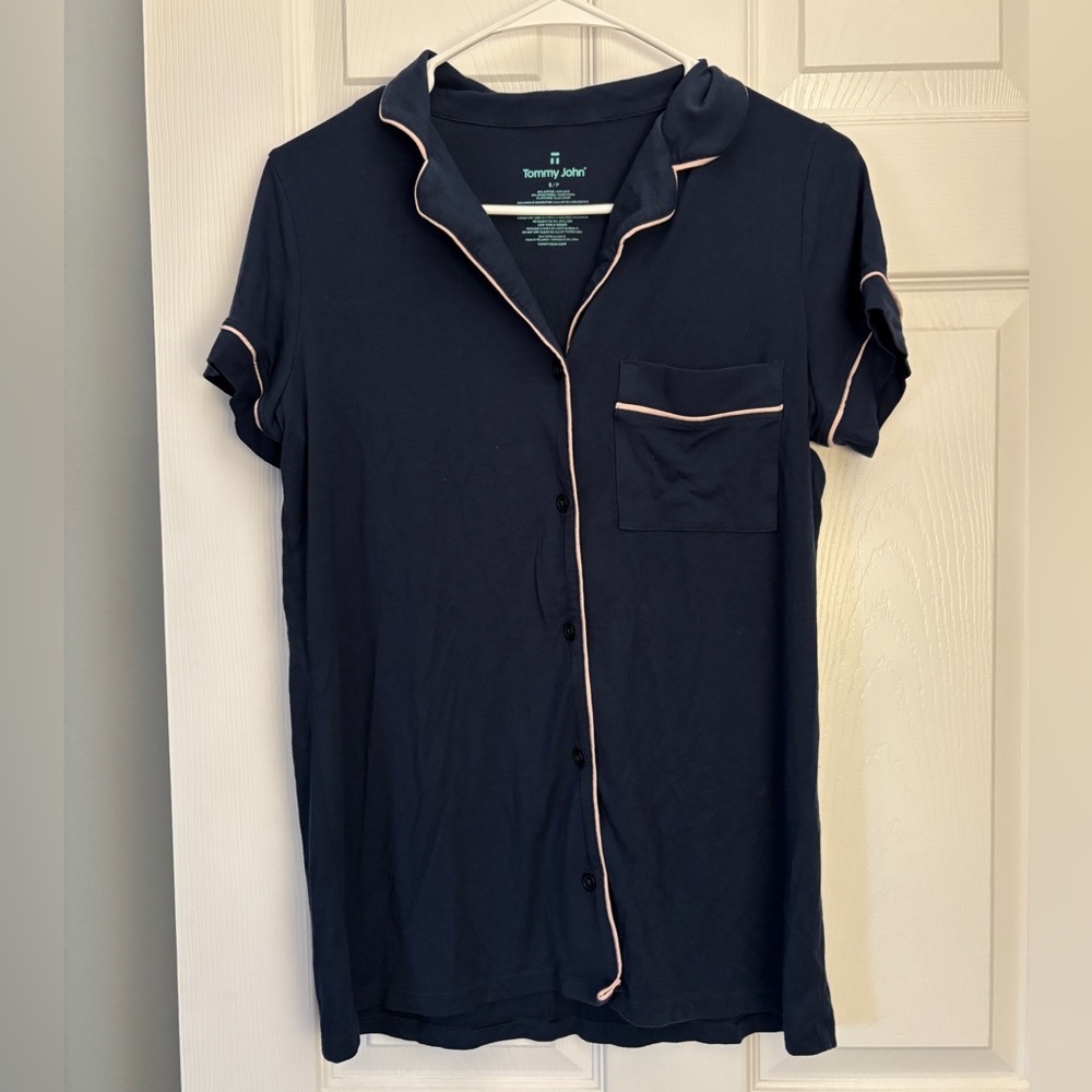 Tommy John Dark Blue Pajama Top with Light Pink Trim
